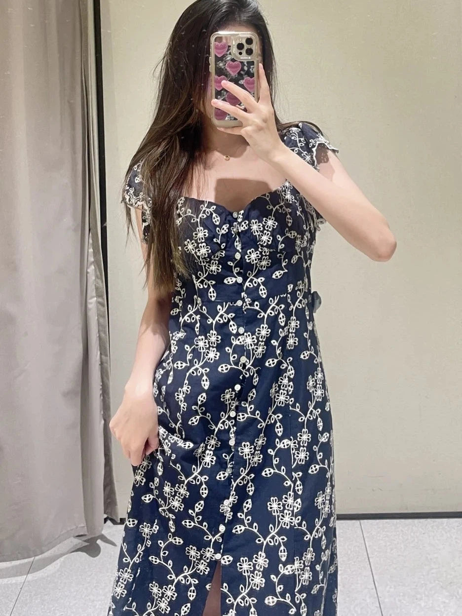 Embroidered Slit Maxi Cotton Dress