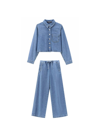 Denim Jacket Top & Pants Coord Set with Elastic Belt