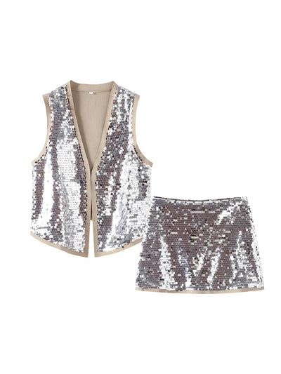 Sequins Vest Waist Coat & Skirt Coord Set