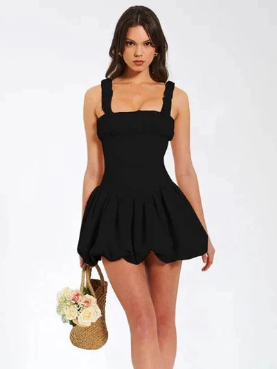 Ruched Shoulder Strap Balloon Short Dress Ruched Shoulder Strap Balloon Short Dress