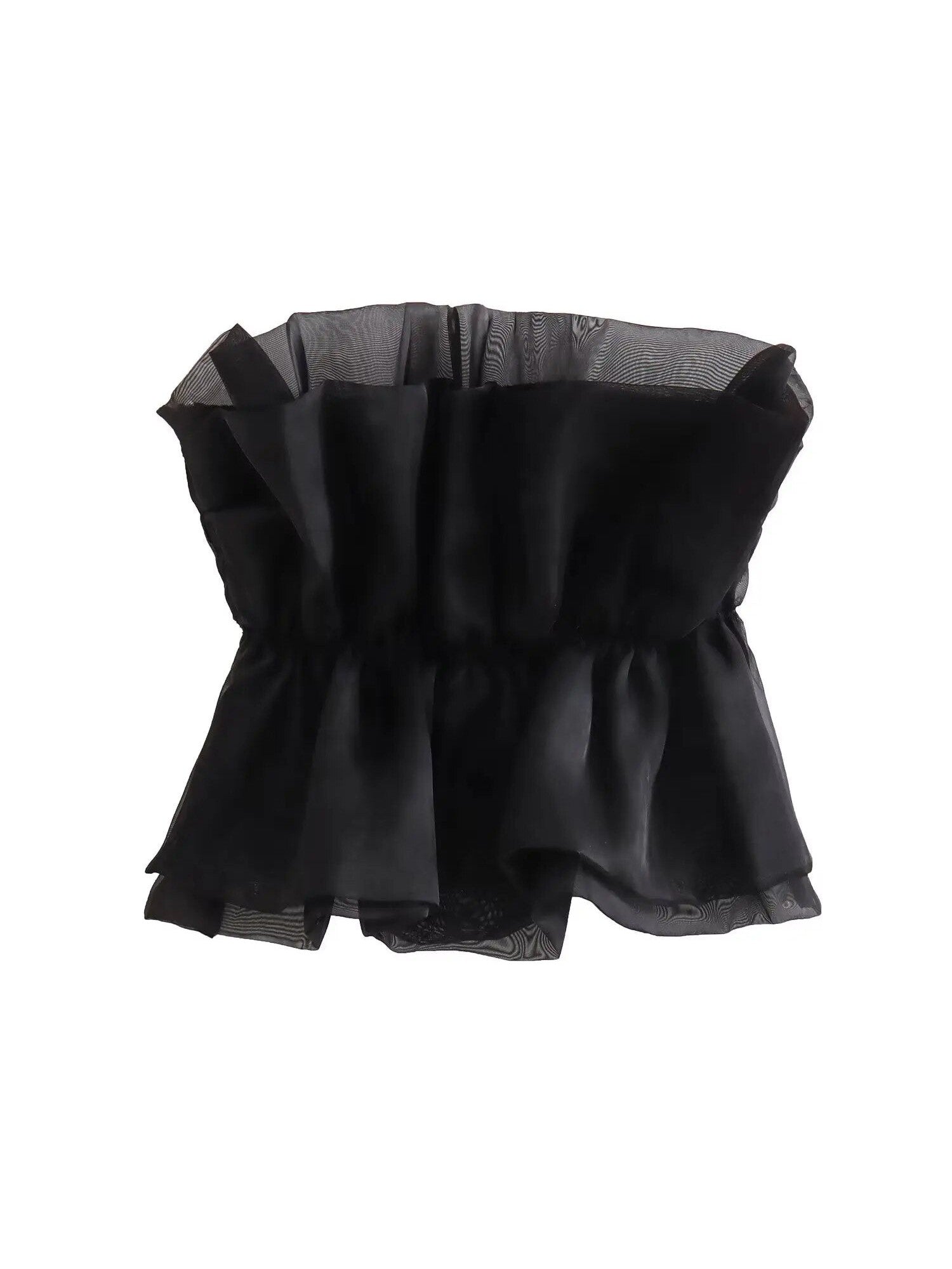 Black strapless bandeau top featuring layered organza ruffles and sheer mesh hem.