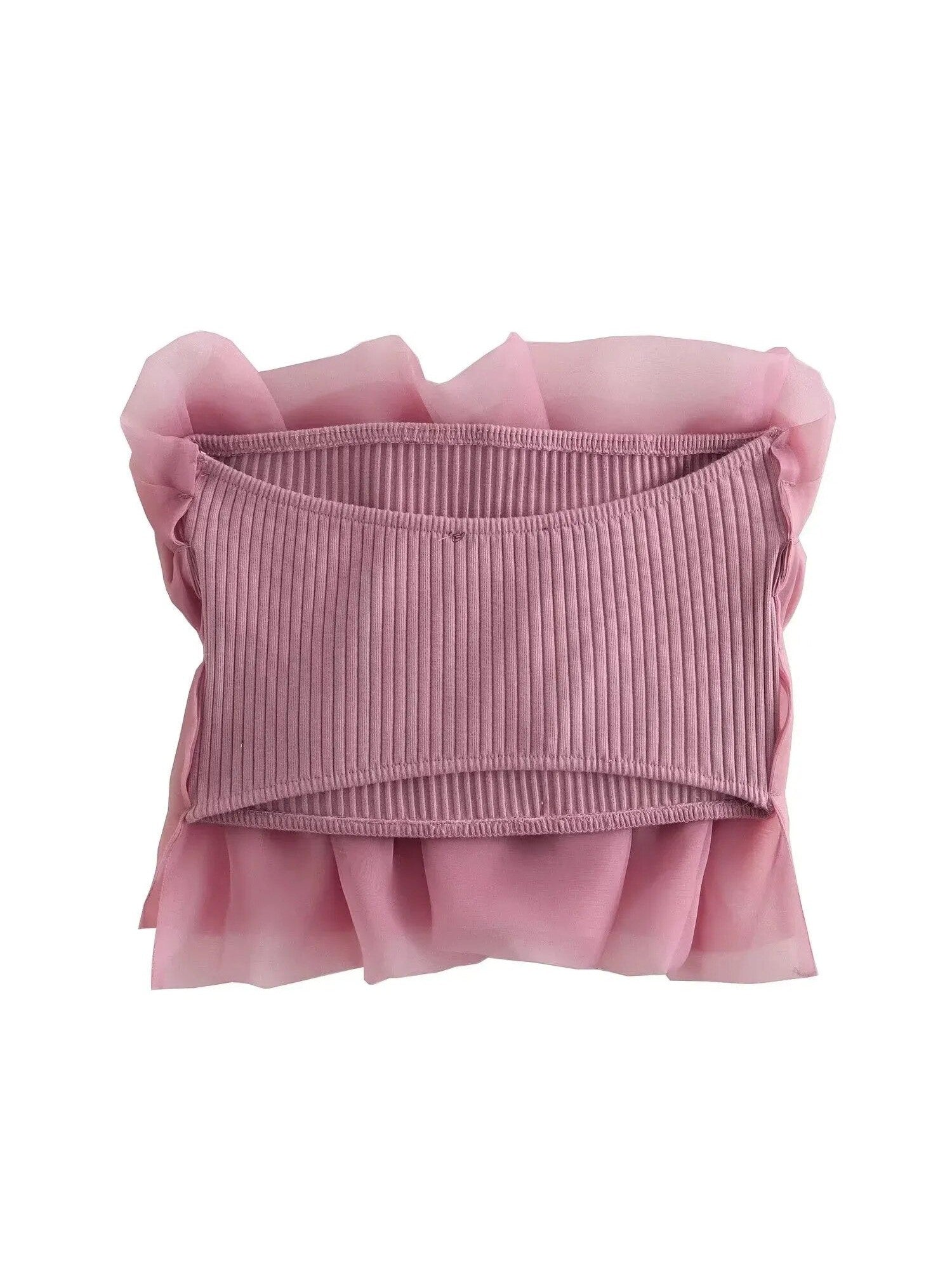 Pink bandeau top with a ribbed front panel and sheer organza ruffle trim along the top and bottom.