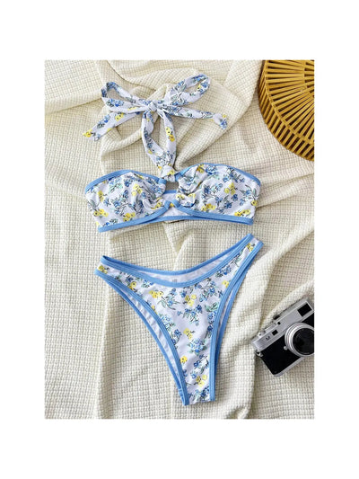 Floral Print Halterneck Two Piece Bikini SwimSuit Set