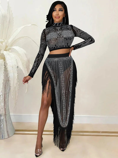 Rhinestone Crop Top & Slit Tassel Skirt Coord Set