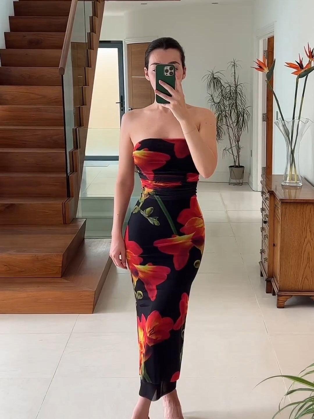 Black Floral Tie Dye Tulle Tube Dress