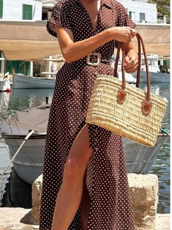 Polka Dot Dress with Belt - Brown