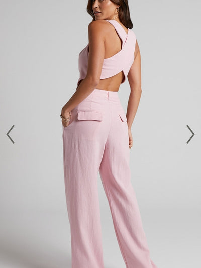 Pink Crop Waist Coat & Wide Leg Pants Coord Set