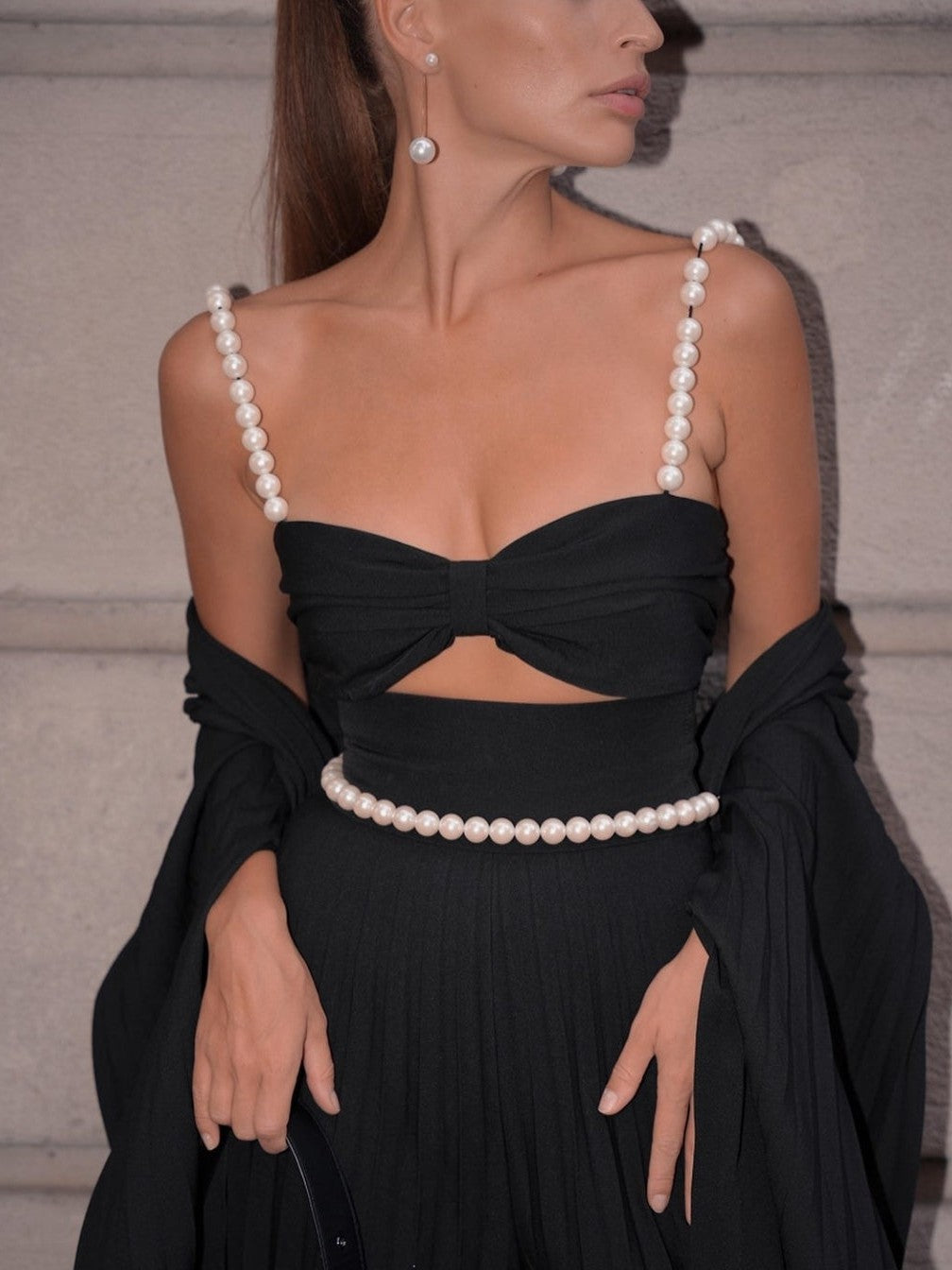 Pearl Koticim Bralette with Cape & Pants 3 Piece Set-Black