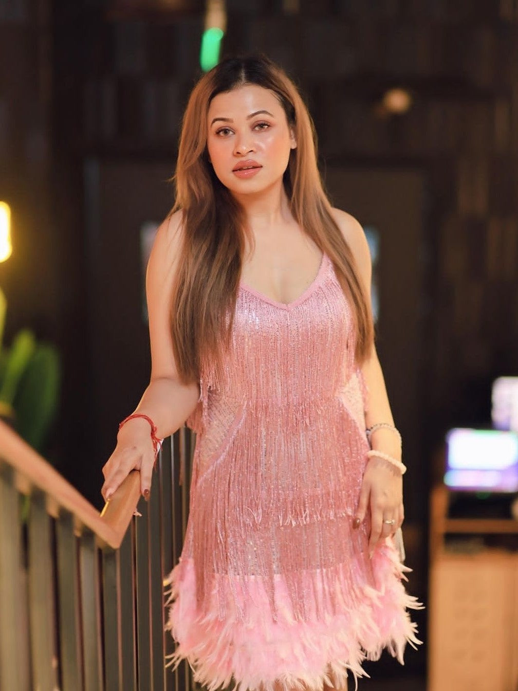 Pink Tassel Sequins Feather Fur Dress