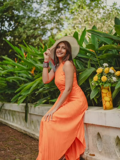 One Shoulder Sun Pleated Satin Dress - Orange