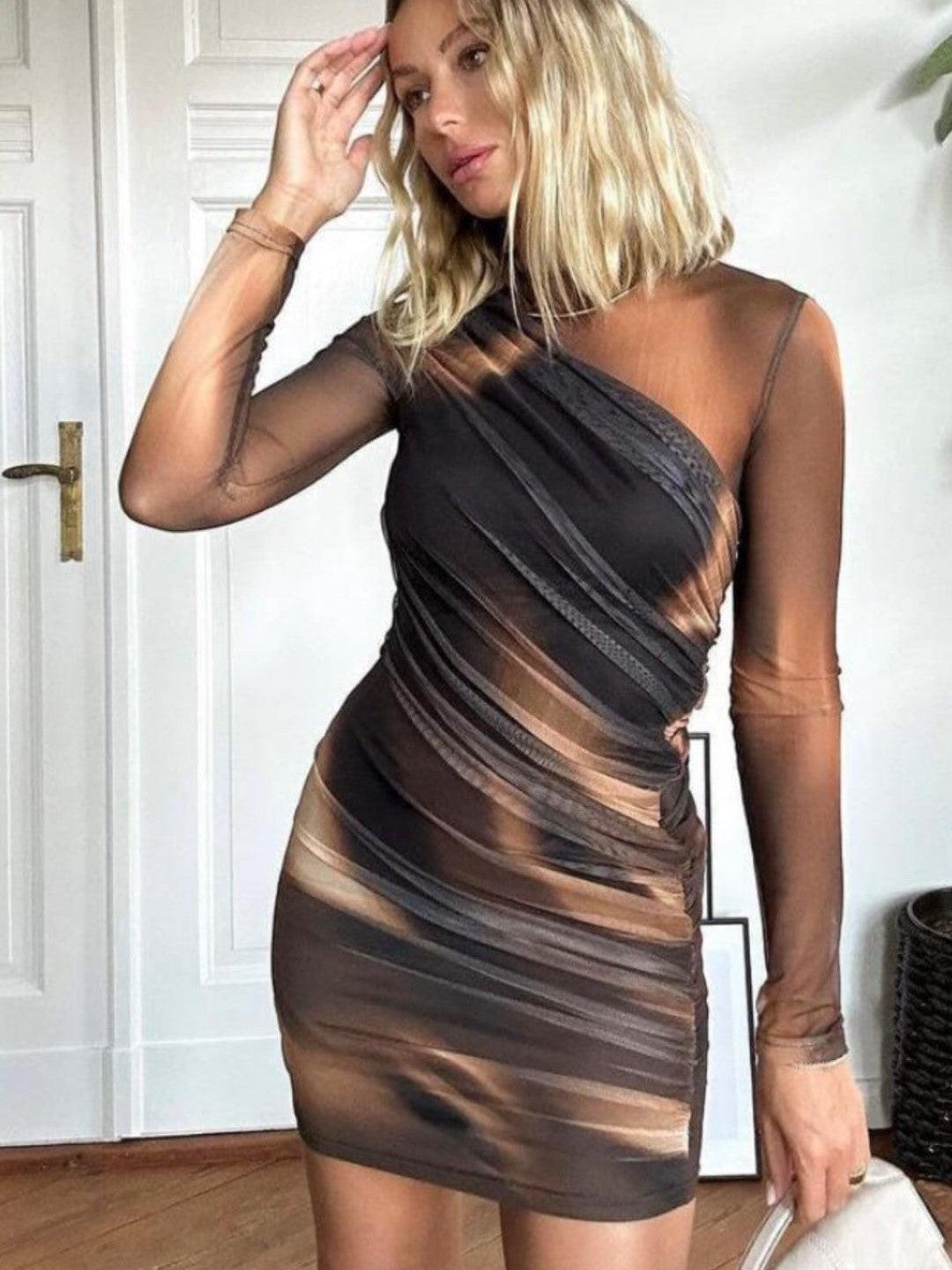 Brown Tie Dye Mesh Full Sleeves Bodycon Dress