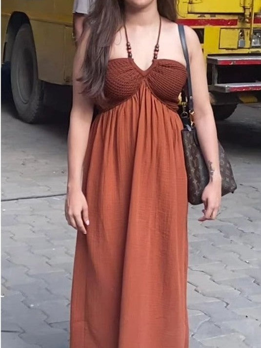 Spaghetti Sprap V Neck Knitted Beaded Maxi Dress