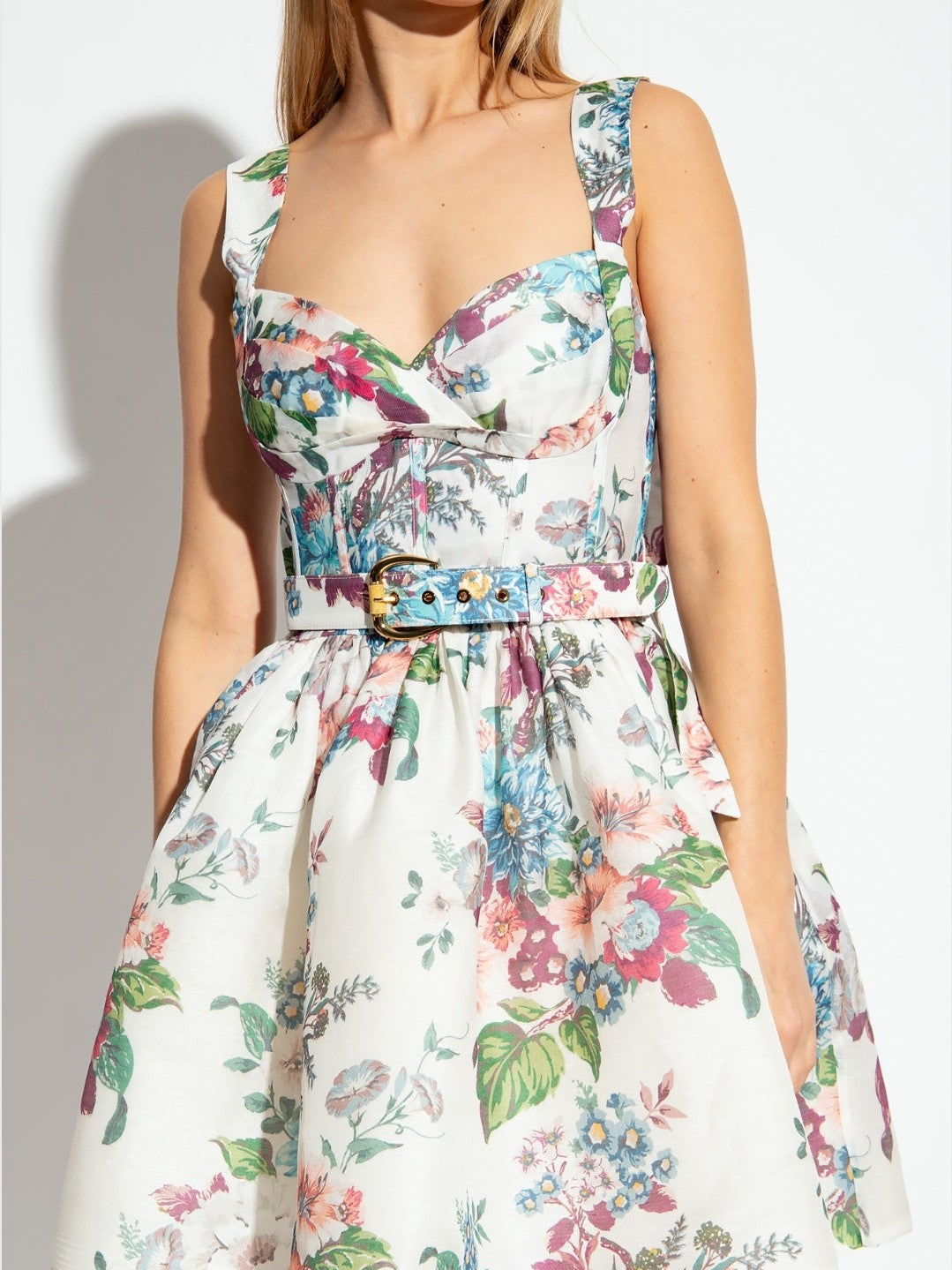 Floral Print Tied Strap Mini Dress with Belt