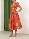 Red & Green Floral VIntage Print Maxi Dress with Belt
