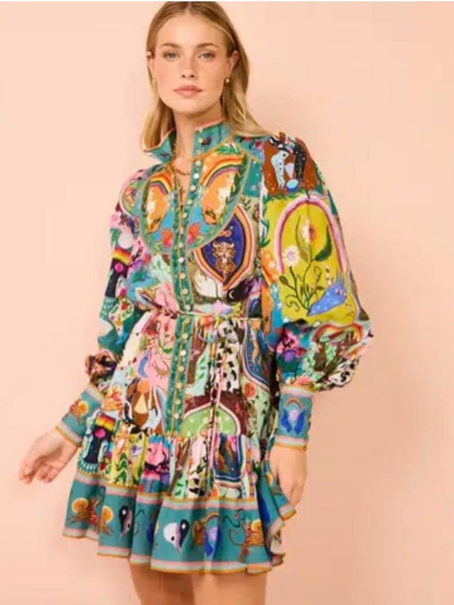 Bell Sleeves Vintage Print Mini Dress With Belt