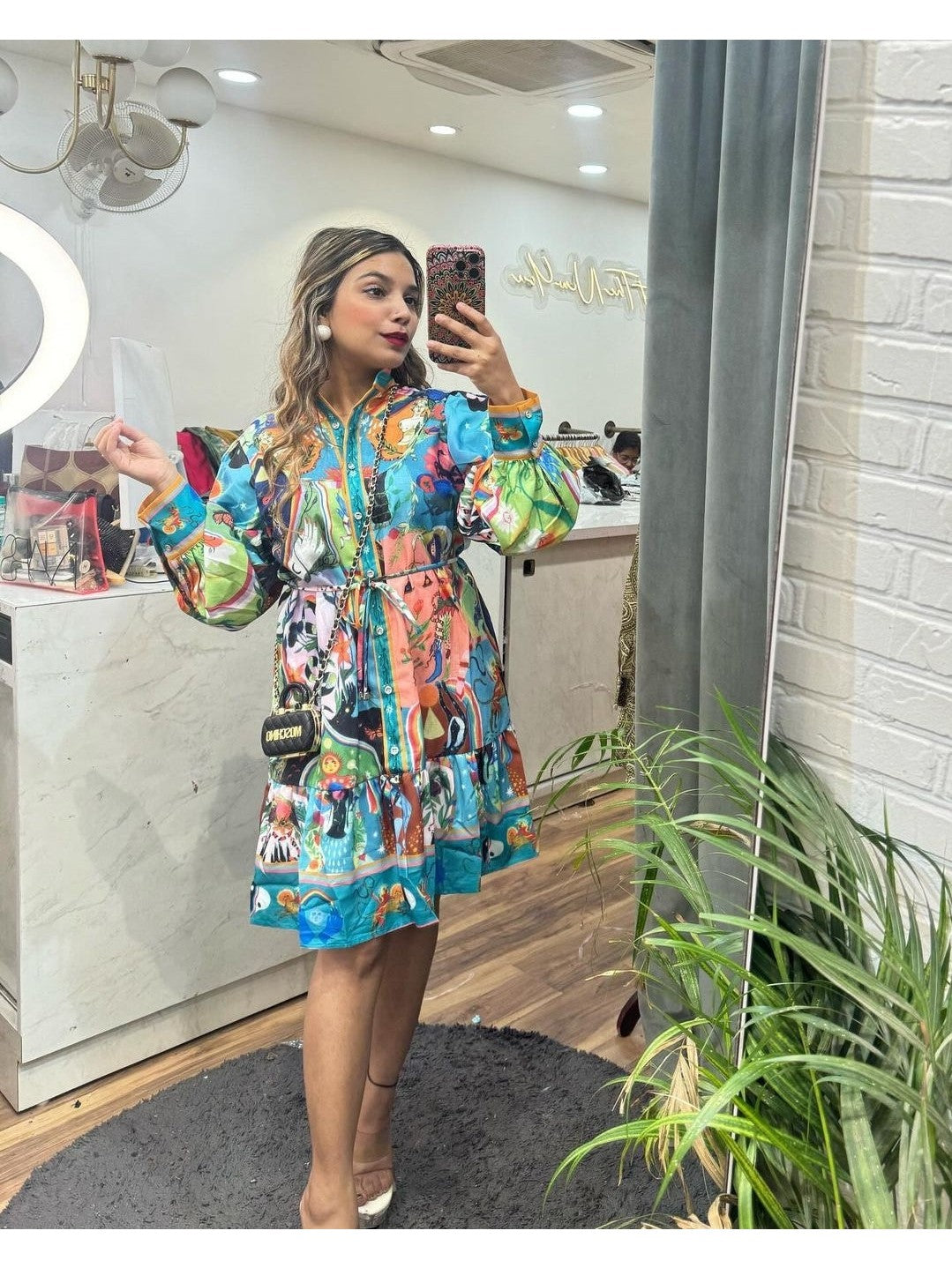 Bell Sleeves Vintage Print Mini Dress With Belt