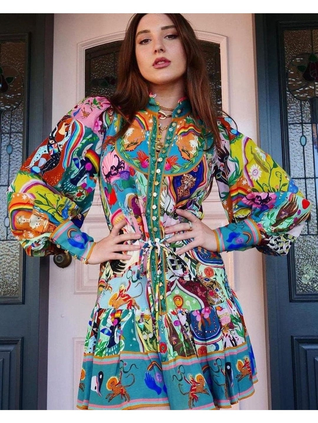 Bell Sleeves Vintage Print Mini Dress With Belt
