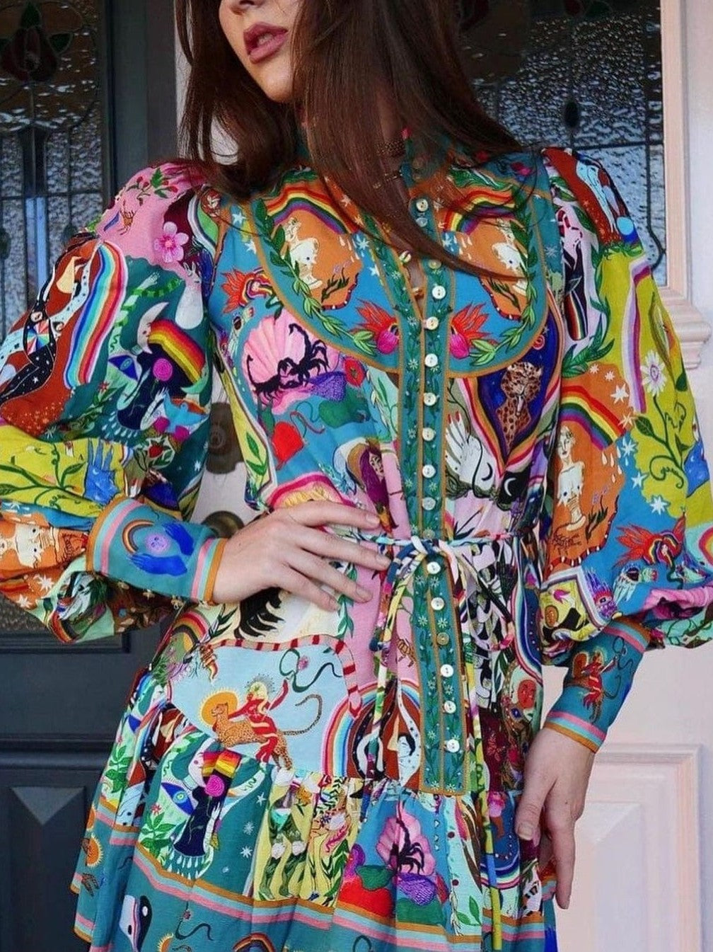 Bell Sleeves Vintage Print Mini Dress With Belt