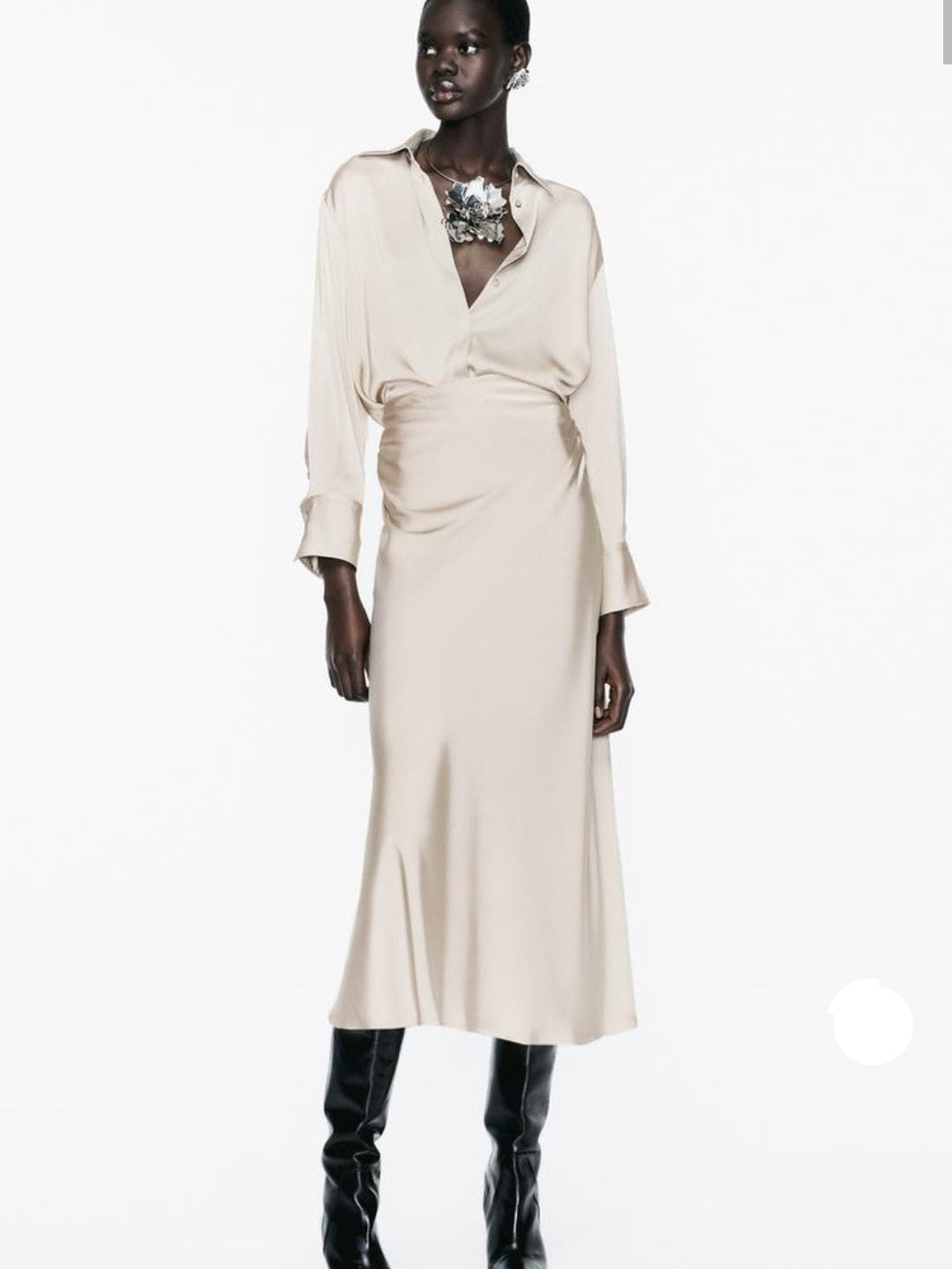 Plain Satin Beige Shirt & Skirt Coord Set