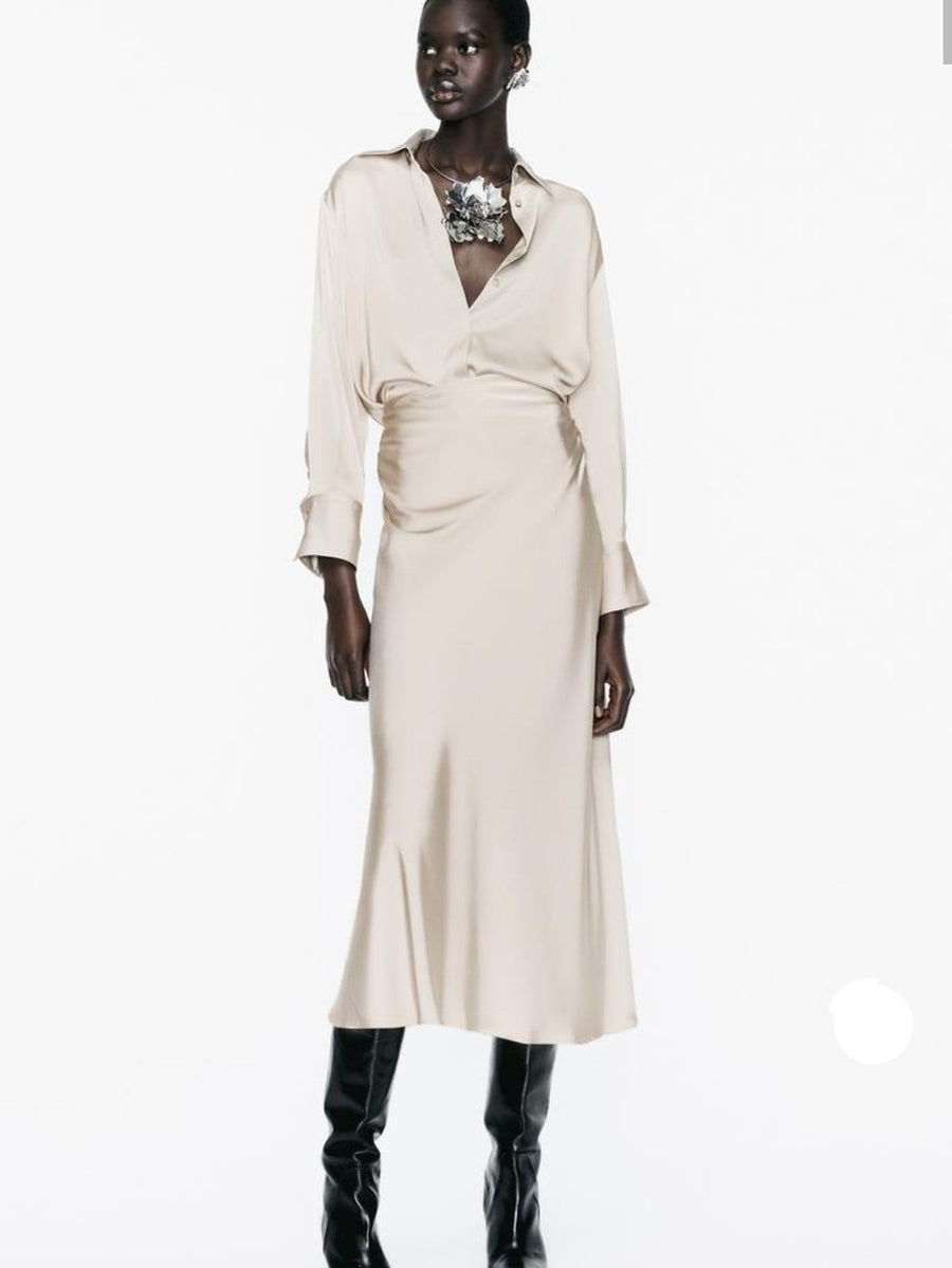 Plain Satin Beige Shirt & Skirt Coord Set