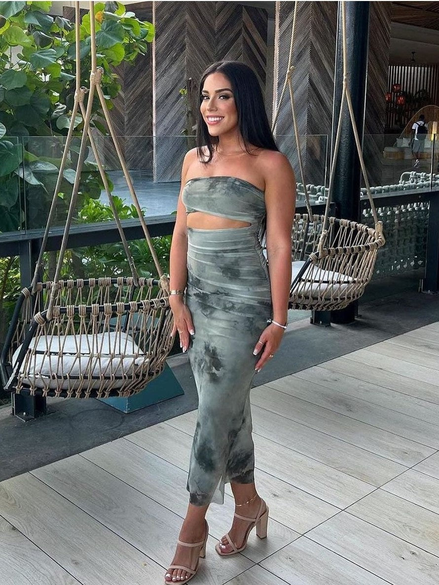 Cutout Aqua Tie Dye Print Tube Mesh Tulle Dress