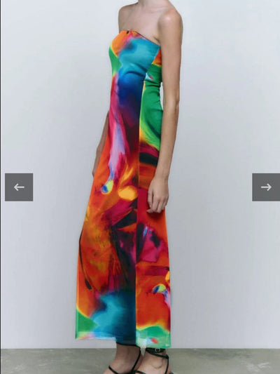 New Strapless Tie & Dye Print Tube Tulle Dress