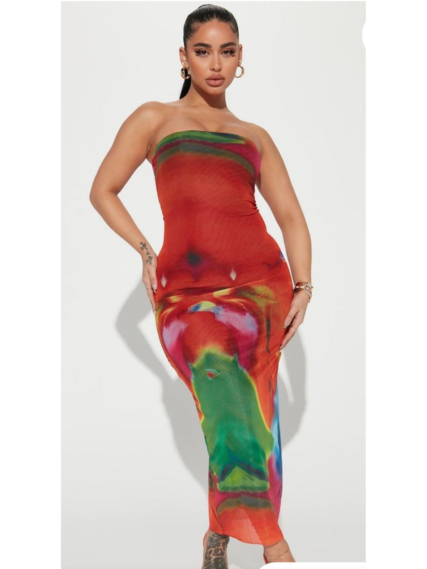 New Strapless Tie & Dye Print Tube Tulle Dress