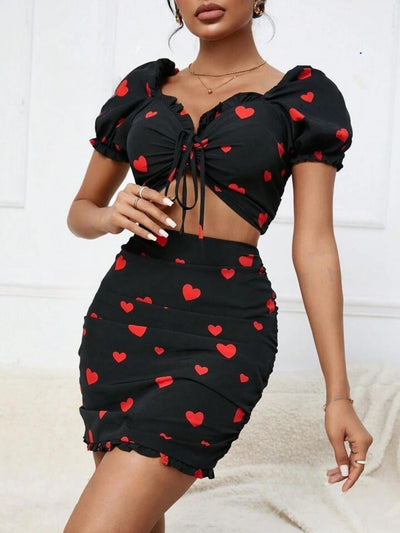 Black Printed Crop Lace up Top & Skirt Coord Set