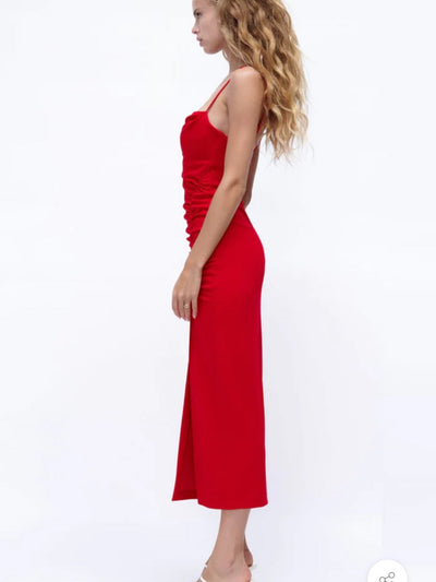 Red Laceup Cowl Neck Midi Dress