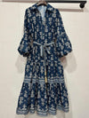 Raya Floral Print Blue Midi Dress with Belt
