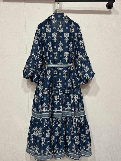 Raya Floral Print Blue Midi Dress with Belt