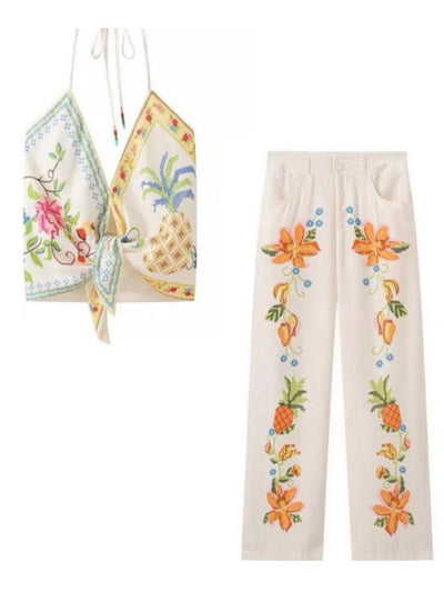 Printed Summer Deep Neck Top & Pants Coord Set