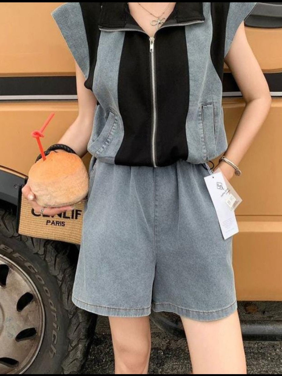 Cotton Denim Top & Shorts Coord Set