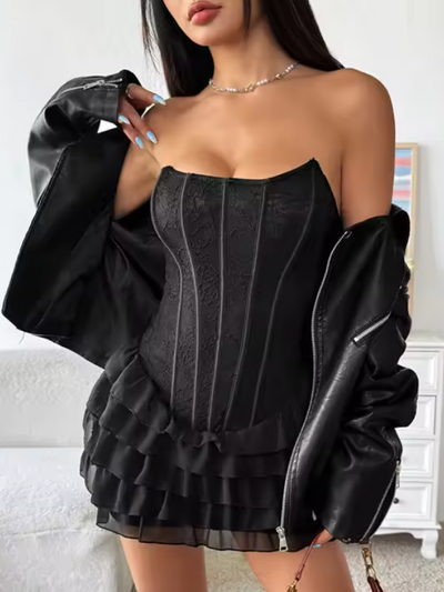 Black flirty corset lace mini dress with strapless bodice and tiered ruffle hem