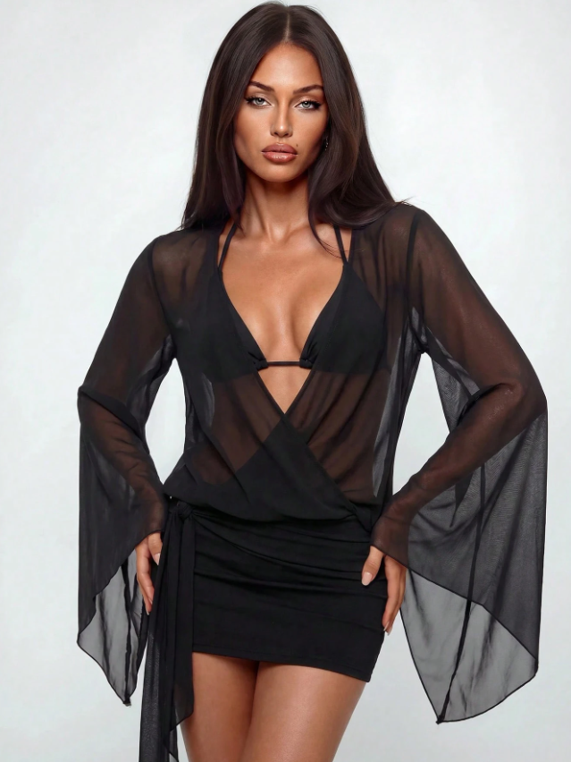 Dusk Till Dawn Sheer Plunge Mini Dress by Exclusives, black sheer wrap with long bell sleeves and mini skirt.