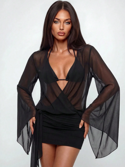 Dusk Till Dawn Sheer Plunge Mini Dress by Exclusives, black sheer wrap with long bell sleeves and mini skirt.