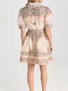 Printed Short Sleeves A Line Dress with Belt