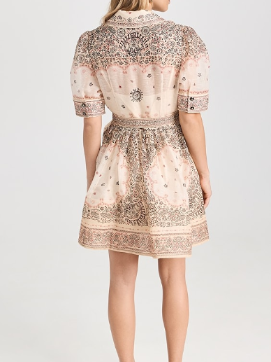 Printed Short Sleeves A Line Dress with Belt