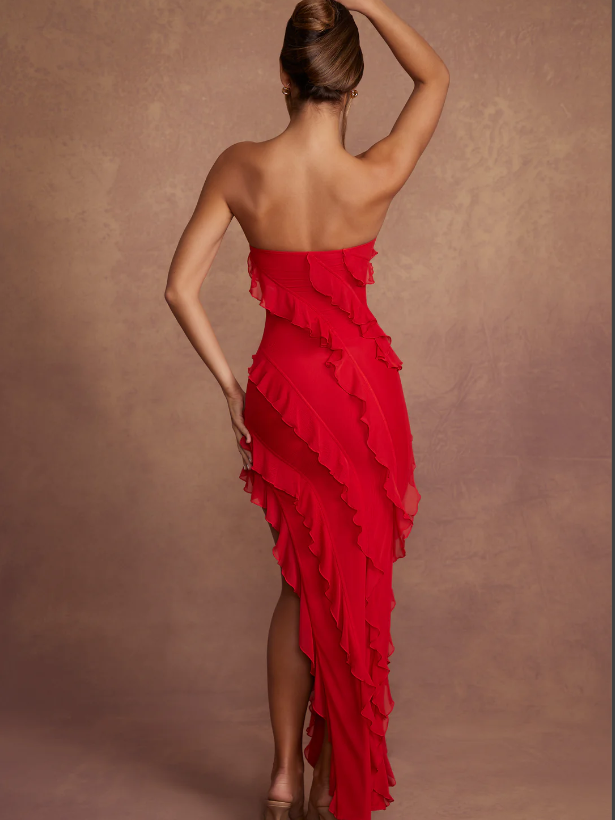 Bandeau Tube Asymmetric Ruffle Maxi Dress
