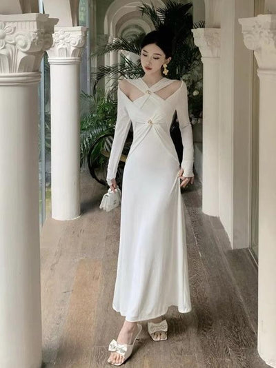 White Oblique Cutout Applique Maxi Dress