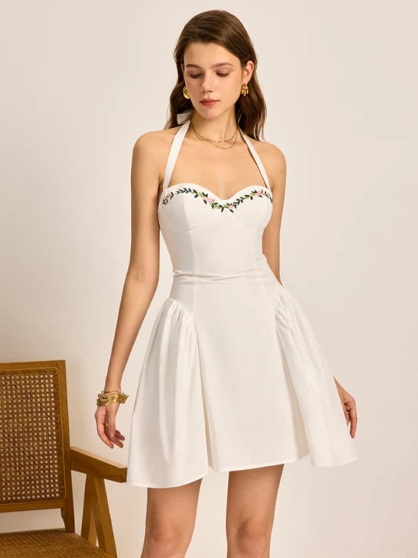 Embroidered Halterneck Short A Line Dress