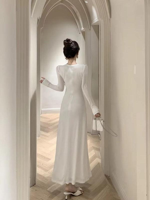 White Oblique Cutout Applique Maxi Dress