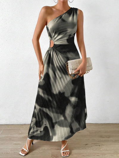 One Shoulder Tie Dye Print Pleated Cutout Dress