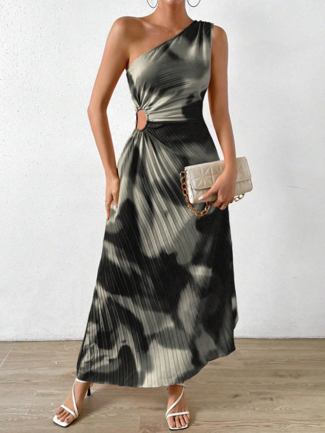 one shoulder tie dye dress One Shoulder Tie Dye Print Pleated Cutout Dress