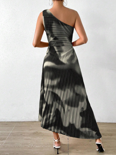 One Shoulder Tie Dye Print Pleated Cutout Dress