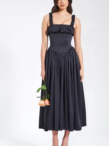 Ruched Shoulder Strap Square Neck Fit & Flare Maxi Dress