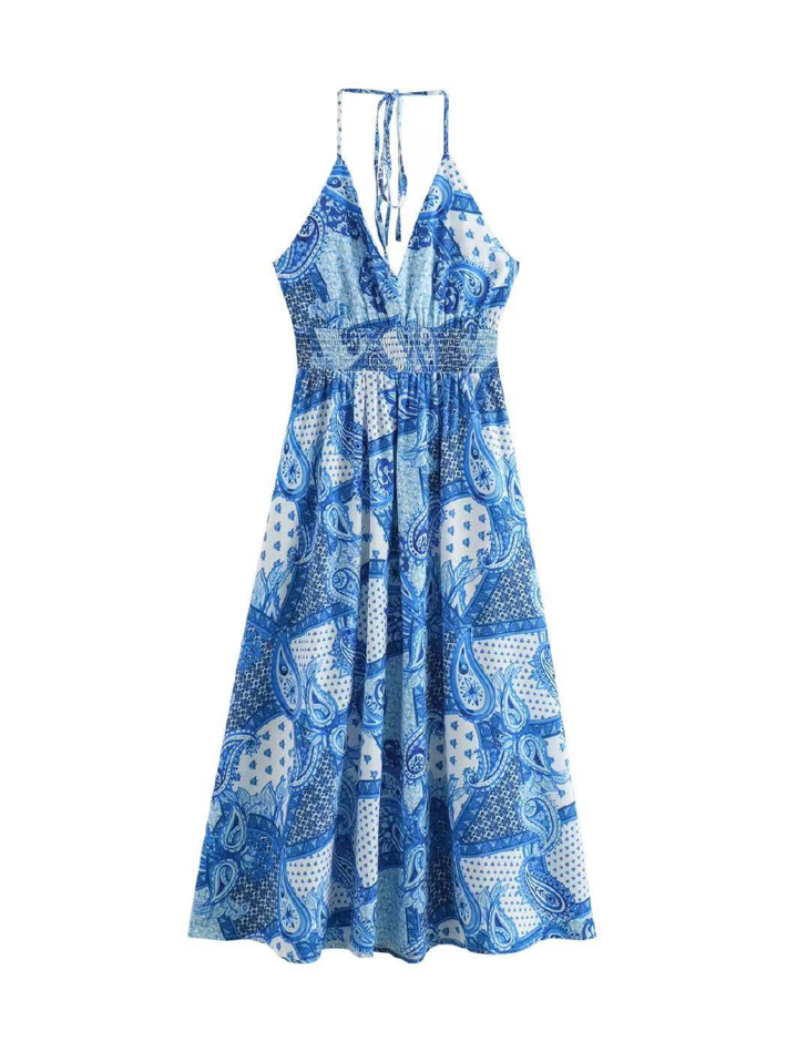 Paisley Print Halterneck Backless Maxi Dress