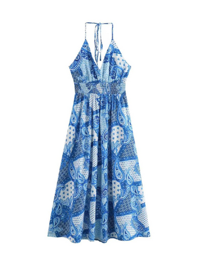 Paisley Print Halterneck Backless Maxi Dress