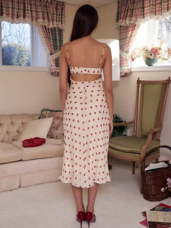 Lace Spaghetti Strap Corset Heart Print Midi Dress