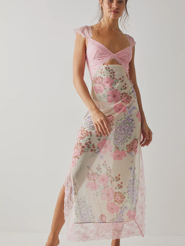 Hollow Out V Neck Lace Floral Print Dress